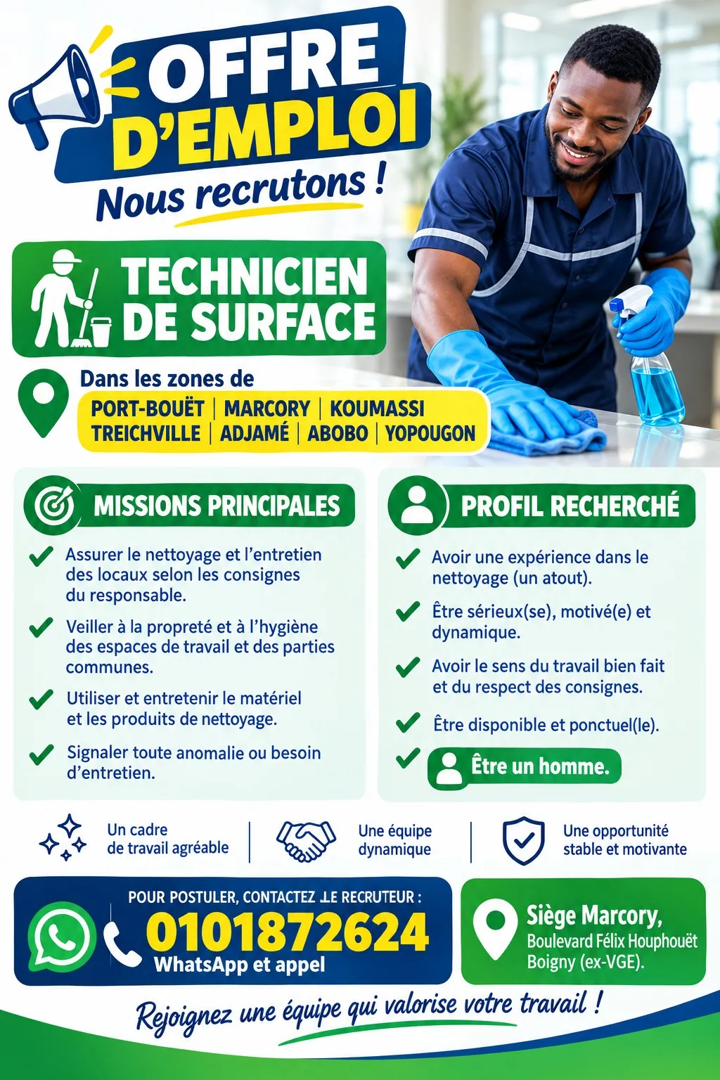 Offre RECRUTEMENT TECHNICIEN DE SURFACE (H/F) à COTE D'IVOIRE