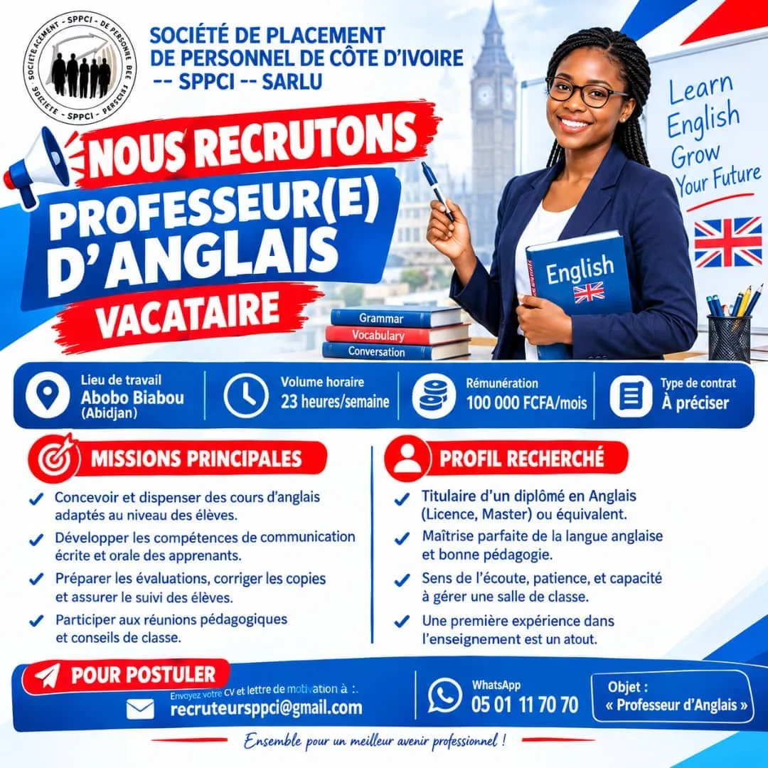 Offre RECRUTEMENT D'UN PROFESSEUR D'ANGLAIS VACATAIRE (H/F) à Abidjan