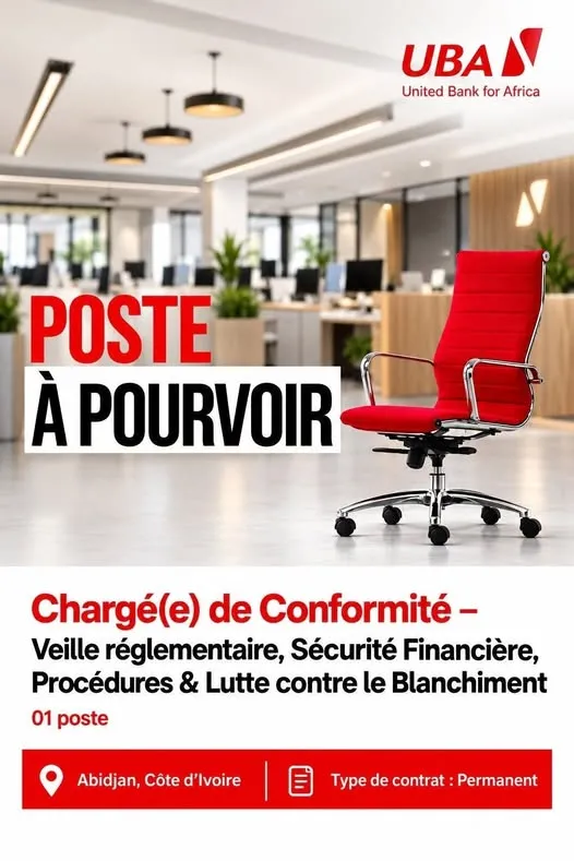 Offre RECRUTEMENT CHARGE DE CONFORMITE (H/F) à COTE D'IVOIRE