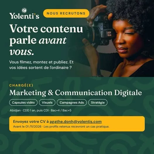 Offre RECRUTEMENT CHARGE MARKETING / COMMUNICATION DIGITALE à COTE D'IVOIRE