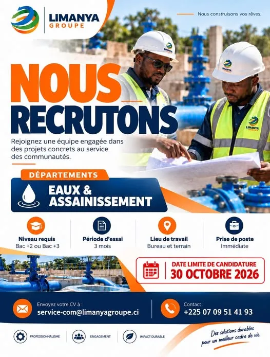 Offre RECRUTEMENT DEPARTEMENT EAUX ET ASSAINISSEMENT à COTE D'IVOIRE