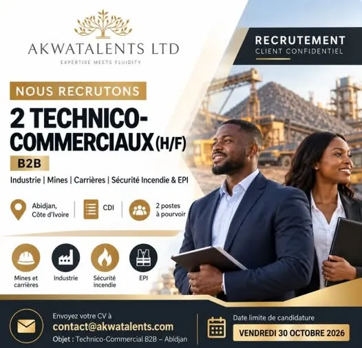𝐑𝐄𝐂𝐑𝐔𝐓𝐄𝐌𝐄𝐍𝐓 𝐔𝐑𝐆𝐄𝐍𝐓 | 𝟐 𝐓𝐄𝐂𝐇𝐍𝐈𝐂𝐎-𝐂𝐎𝐌𝐌𝐄𝐑𝐂𝐈𝐀𝐔𝐗 (𝐇/𝐅) -  - COTE D'IVOIRE