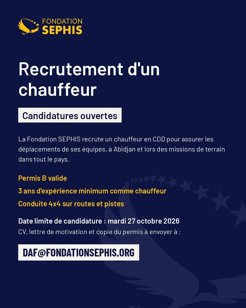RECRUTEMENT D'UN CHAUFFEUR PROFESSIONNEL -  - COTE D'IVOIRE