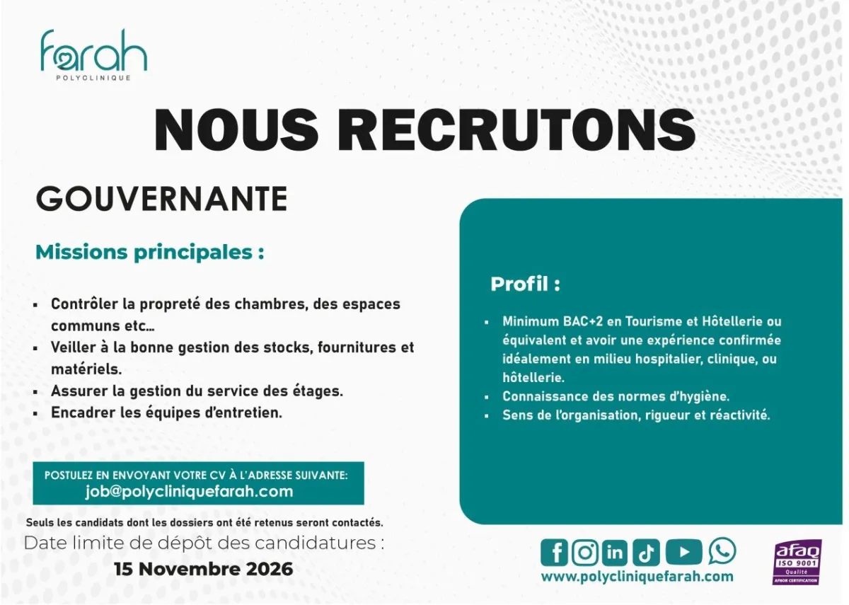 Offre RECRUTEMENT D'UNE GOURVENANTE HOPITAL à ABIDJAN