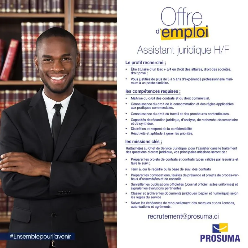 Offre RECRUTEMENT ASSISTANT JURIDIQUE (H/F) à COTE D'IVOIRE