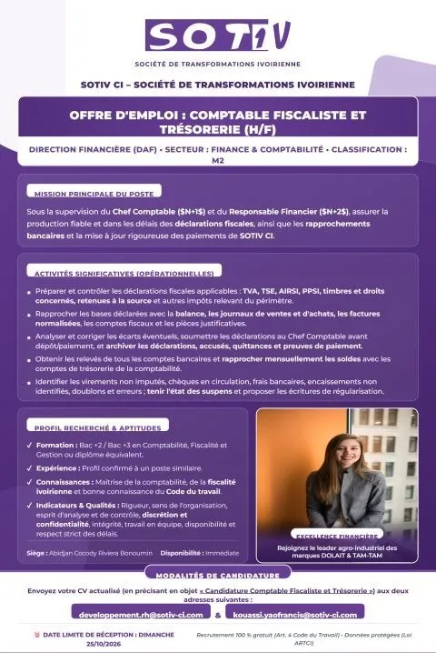 Offre RECRUTEME NT COMPTABLE FISCALITE ET TRSORRERIE à COTE D'IVOIRE