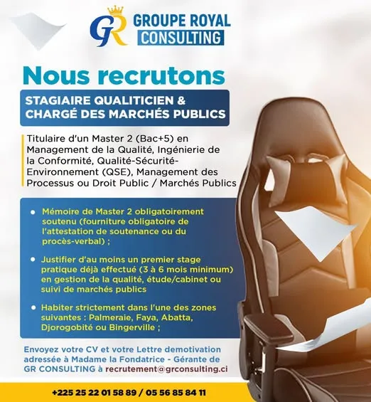 STAGIAIRE QUALITICIEN & CHARGÉ DES MARCHÉS PUBLICS -  - ABIDJAN