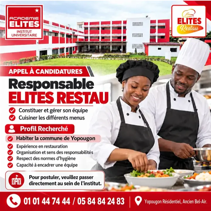 Offre 𝐑𝐄𝐒𝐏𝐎𝐍𝐒𝐀𝐁𝐋𝐄 𝐄𝐋𝐈𝐓𝐄𝐒 𝐑𝐄𝐒𝐓𝐀𝐔 H/F à Abidjan