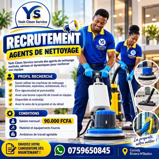 Offre RECRUTEMENT AGENTS DE NETTOYAGE à ABIDJAN