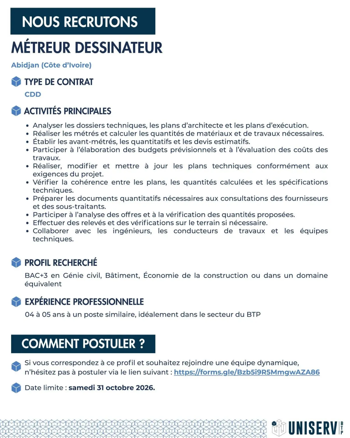 RECRUTEMENT -𝐌𝐄́𝐓𝐑𝐄𝐔𝐑 𝐃𝐄𝐒𝐒𝐈𝐍𝐀𝐓𝐄𝐔𝐑 (H/F) -  - COTE D'IVOIRE