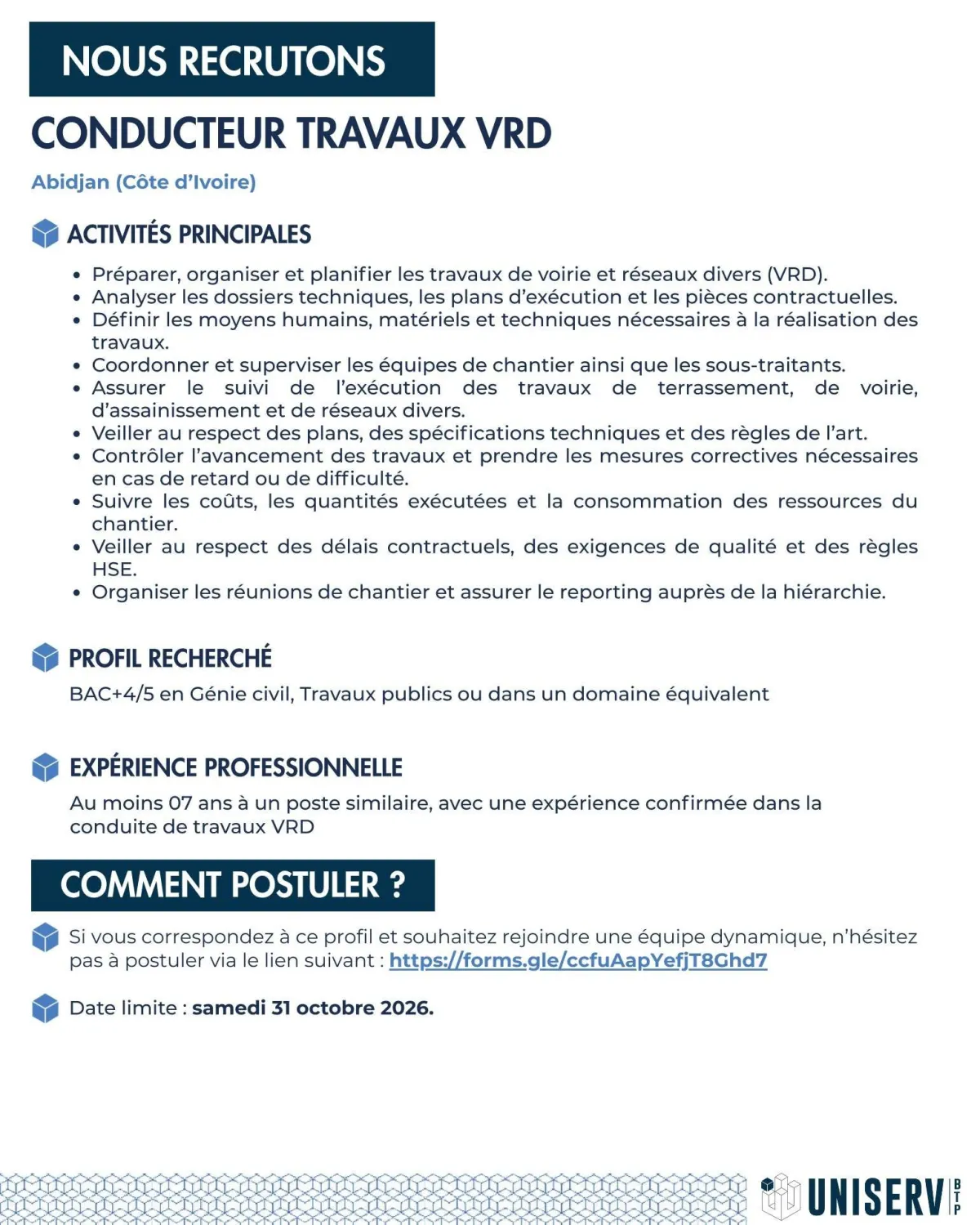 RECRUTEMENT 𝐂𝐎𝐍𝐃𝐔𝐂𝐓𝐄𝐔𝐑 𝐓𝐑𝐀𝐕𝐀𝐔𝐗 𝐕𝐑𝐃 (H/F) -  - COTE D'IVOIRE