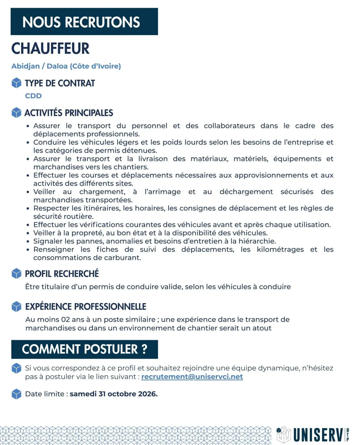 RECRUTEMENT DE CHAUFFEUR (H/F) -  - COTE D'IVOIRE