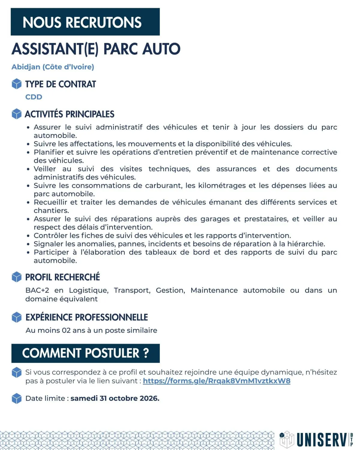 RECRUTEMENT 𝐀𝐒𝐒𝐈𝐒𝐓𝐀𝐍𝐓(𝐄) 𝐏𝐀𝐑𝐂 𝐀𝐔𝐓𝐎 -  - COTE D'IVOIRE