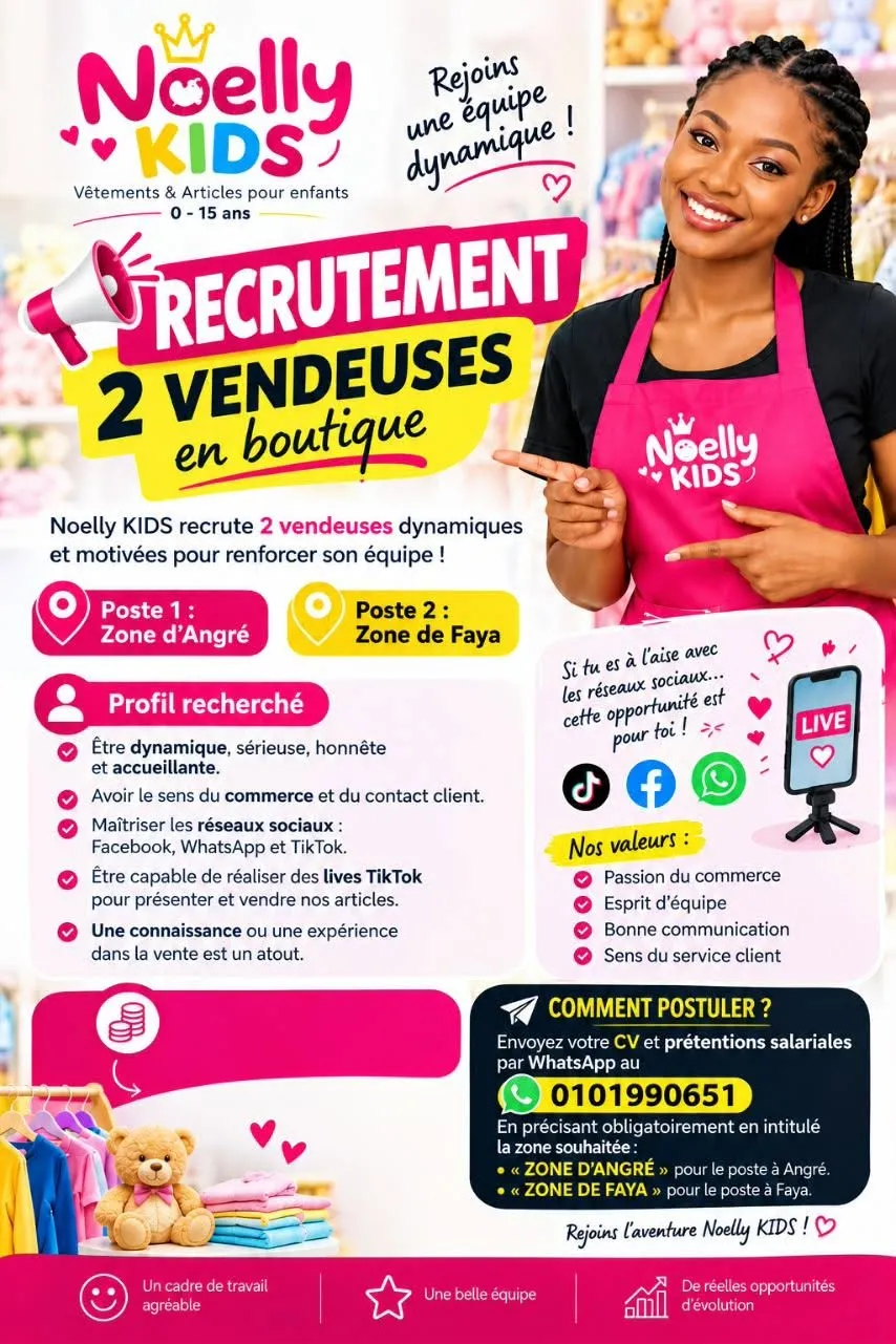 Offre RECRUTEMENT DE DEUX VENDEUSES à ABIDJAN