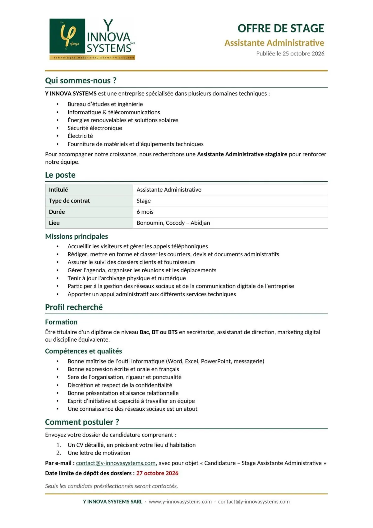 OFFRE DE STAGE ASSISTANTE ADMINISTRATIVE -  - COTE D'IVOIRE