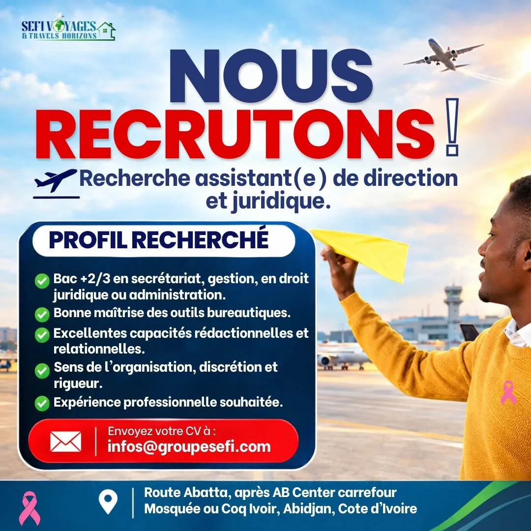 Offre RECRUTEMENT ASSISTANT DE DIRECTION ET JURIDIQUE (H/F) à ABIDJAN