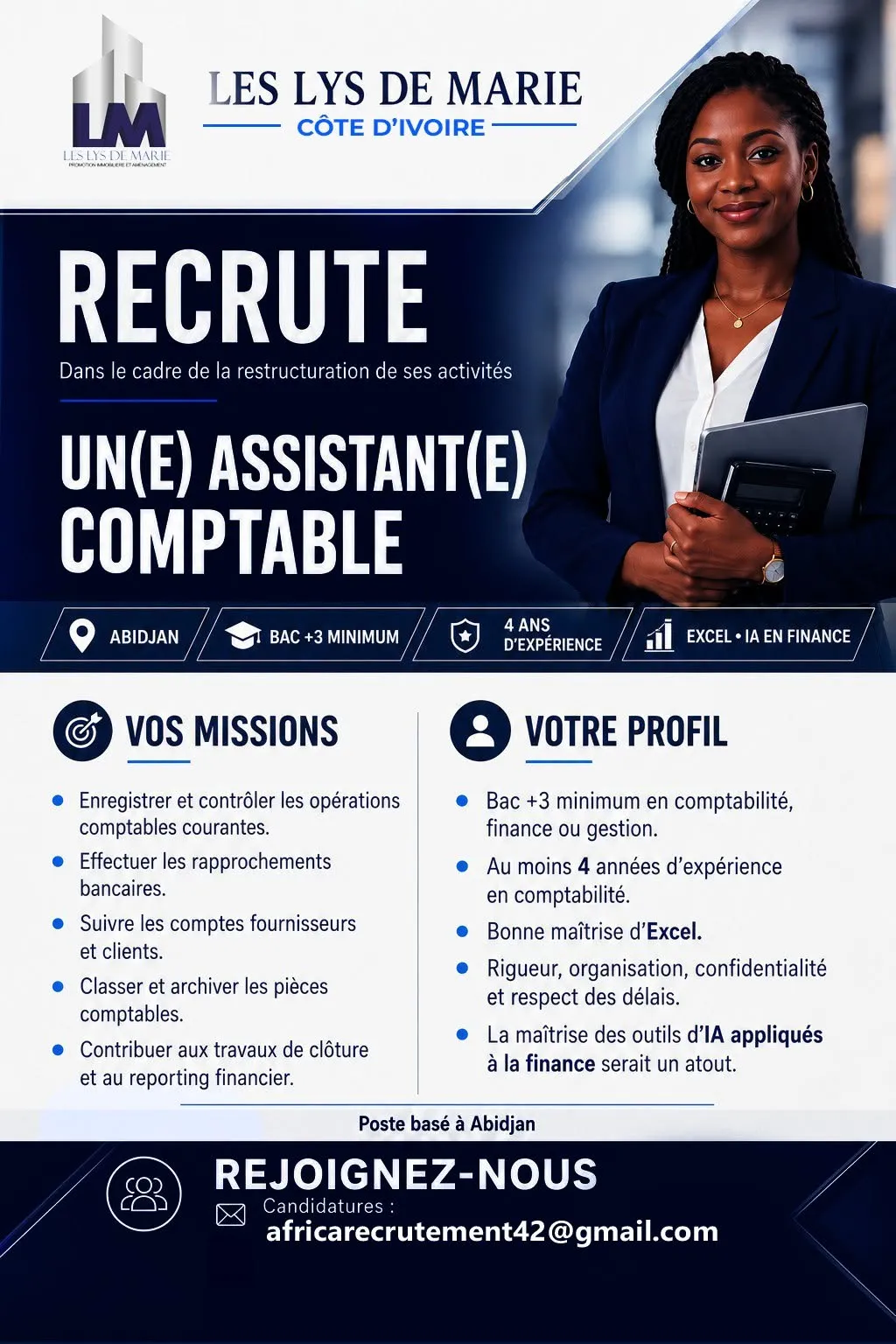 Offre RECRUTEMENT ASSISTANT COMPTABLE (H/F) à ABIDJAN