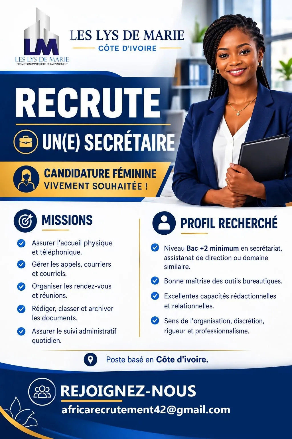 Offre RECRUTEMENT D'UN SECRETAIRE (H/F) à ABIDJAN