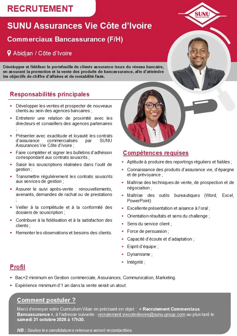RECRUTEMENT DES COMMERCIAUX BANCASSURANCE (H/F) -  - COTE D'IVOIRE