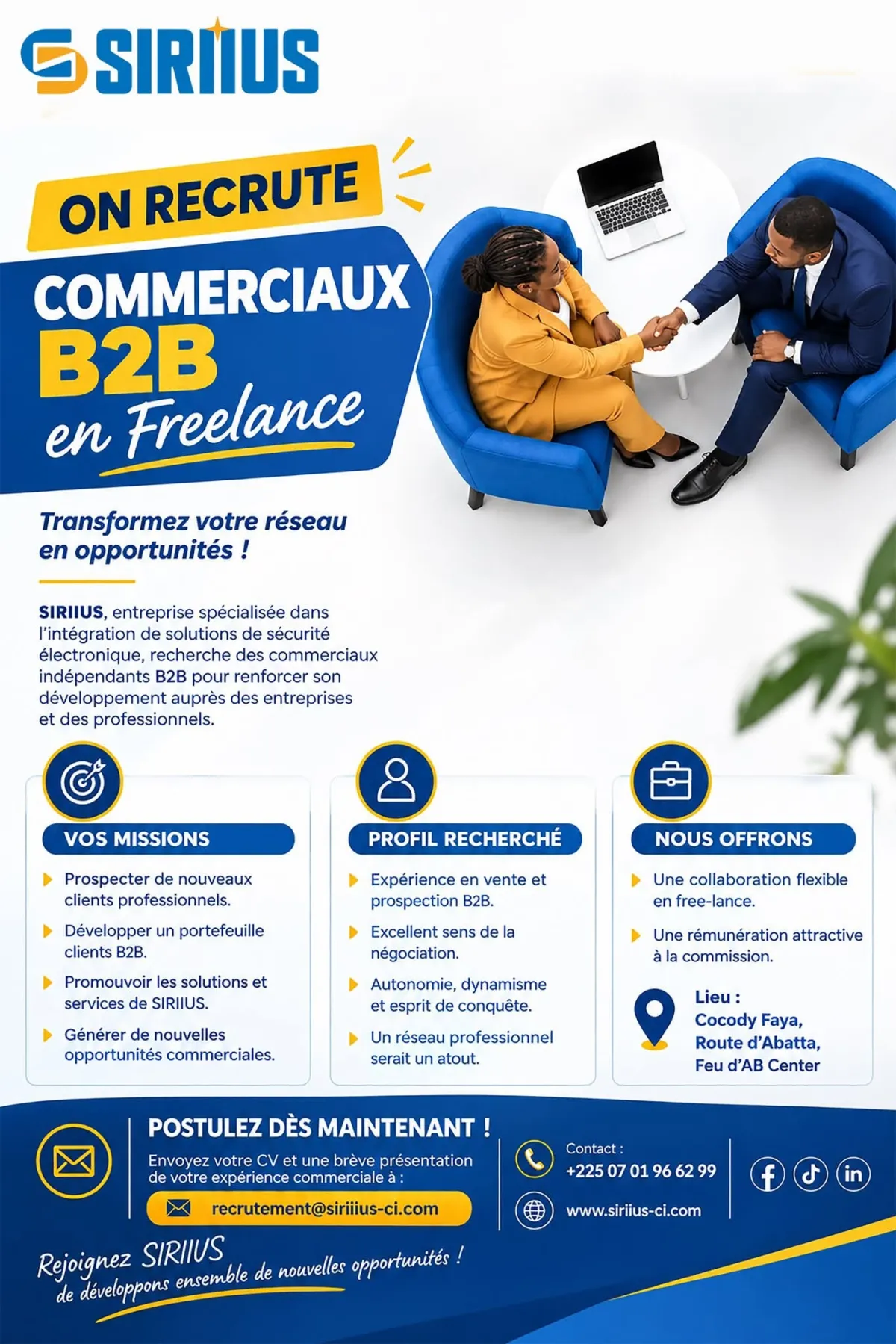 Offre 𝗖𝗢𝗠𝗠𝗘𝗥𝗖𝗜𝗔𝗨𝗫 𝗕𝟮𝗕 en 𝗙𝗥𝗘𝗘-𝗟𝗔𝗡𝗖𝗘 (𝗛/𝗙) à ABIDJAN