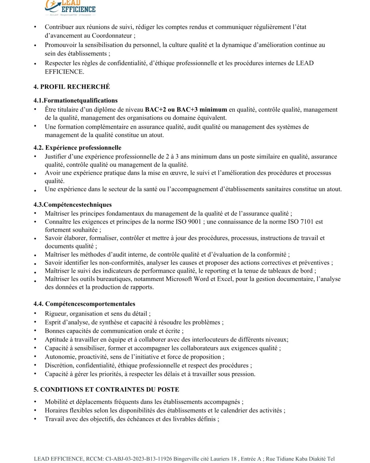 RECRUTEMENT CONSULTANT EN MANAGEMENT DE LA QUALITE (H/F) -  - COTE D'IVOIRE