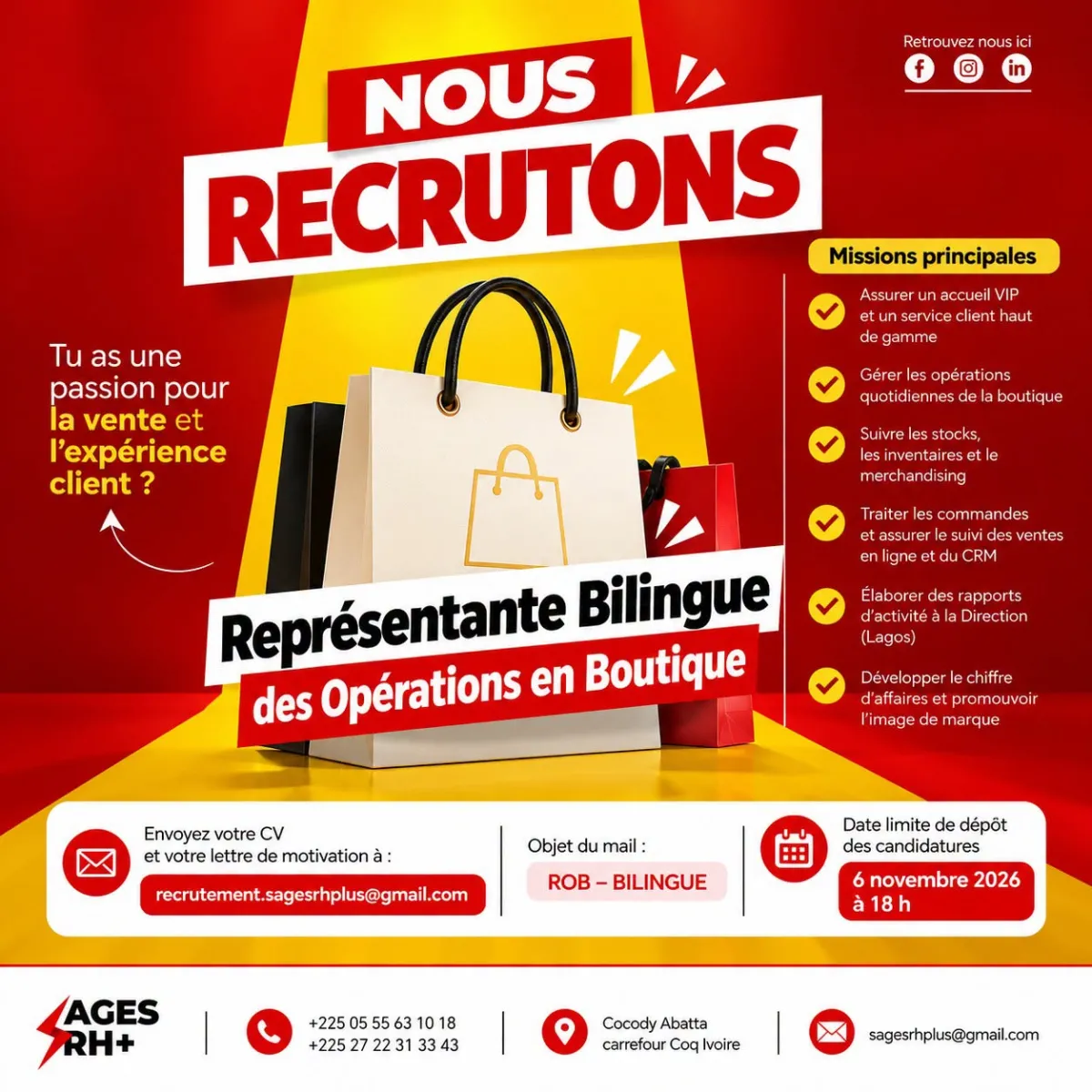Offre RECRUTEMENT ASSISTANT ADMINISTRATIF (H/F) à COTE D'IVOIRE