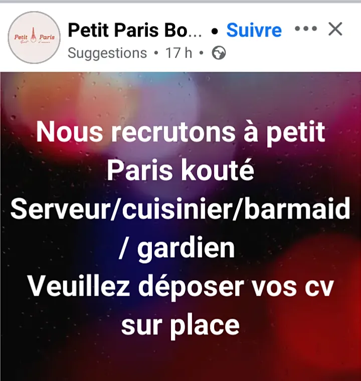 Offre emploi BOULANGERIE PETIT PARIS RECRUTE PLUSIEURS POSTES à Abidjan