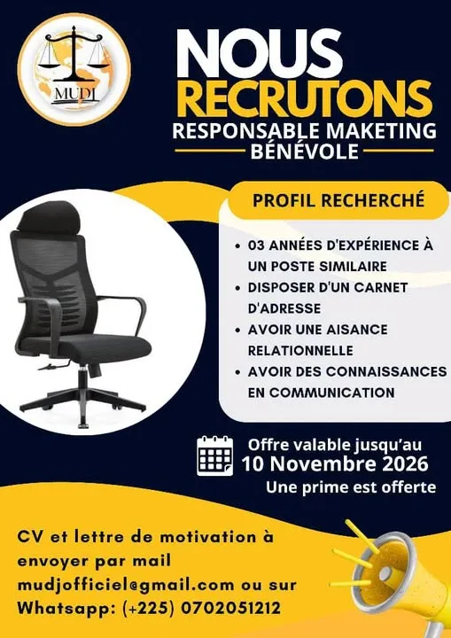 Offre emploi RECRUTEMENT RESPOSABLE MARKETING H/F à COTE D'IVOIRE