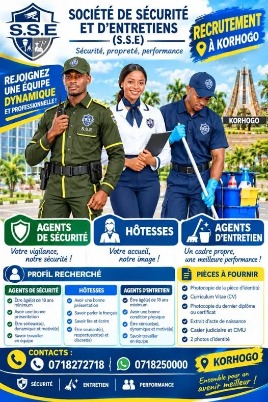 Offre emploi RECRUTEMENT DE PLUSIEURS POSTES à KORHOGO