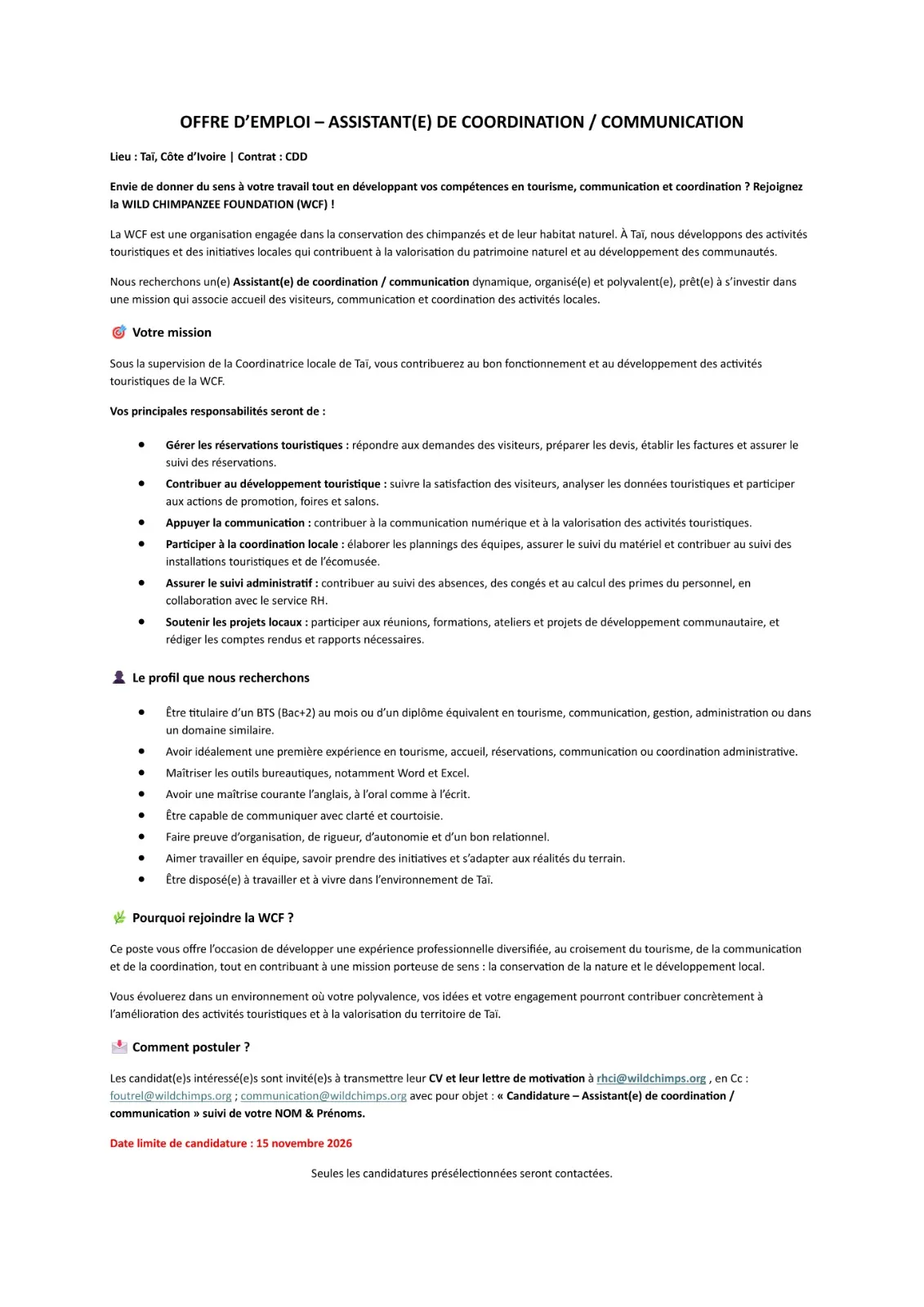 Offre emploi RECRUTEMENT ASSISTANT DE COORDINATION à COTE D'IVOIRE