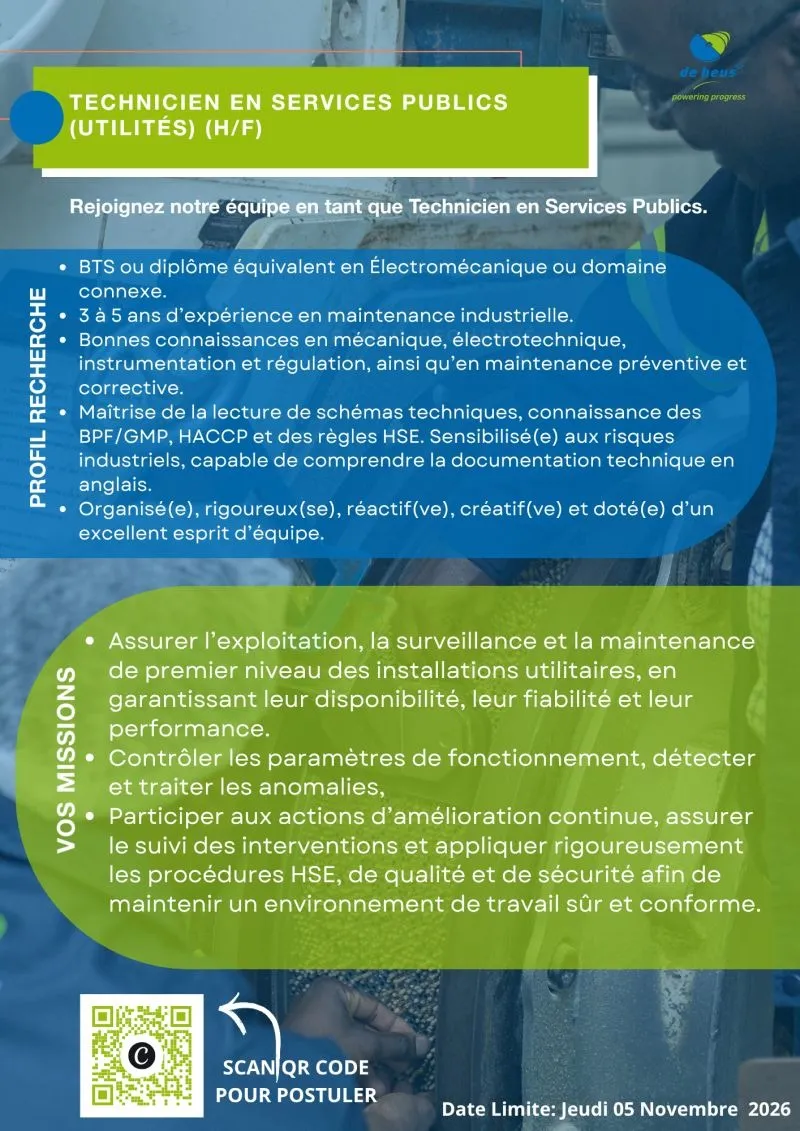 Offre emploi RECRUTEMENT TECHNICIEN EN SERVICE PUBLIC H/F à COTE D'IVOIRE