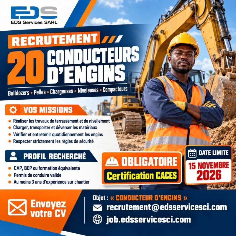 Offre emploi RECRUTEMENT 20 CONDUCTEURS D'ENGINS H/F à COTE D'IVOIRE