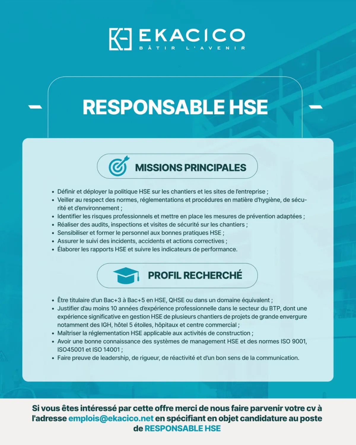 Offre emploi RECRUTEMENT RESPONSABLE HSE (H/F) à COTE D'IVOIRE