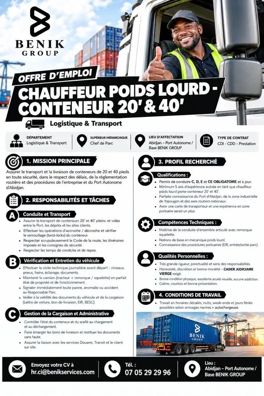 Offre emploi RECRUTEMEN CHAUFFEUR POIDS LOURD à COTE D'IVOIRE