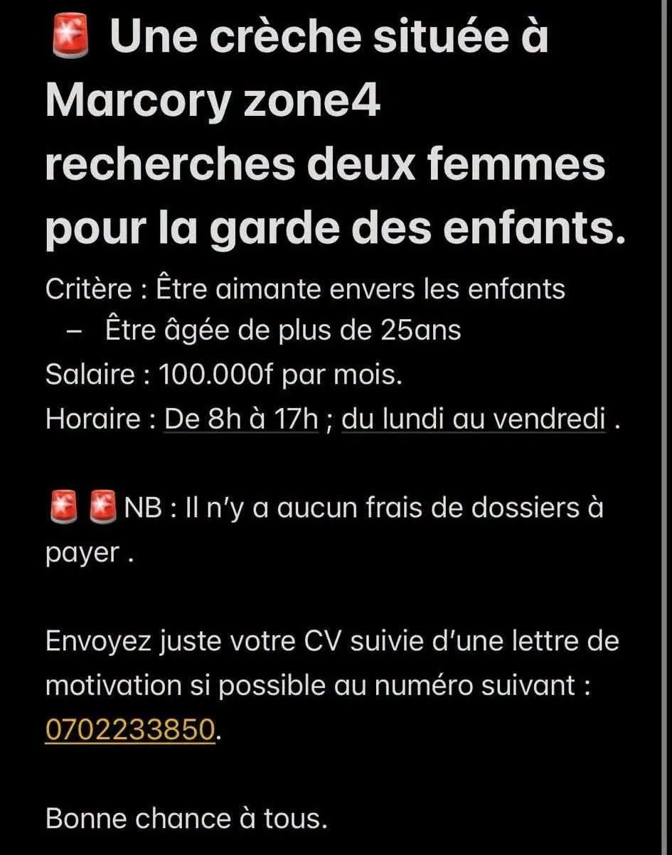 Offre emploi CRECHE RECRUTE DEUX FEMMES à ABIDJAN