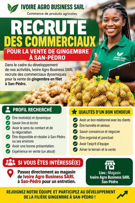 Offre emploi RECRUTEMENT DES JEUNES FEMMES COMMERCIALES à SAN-PEDRO