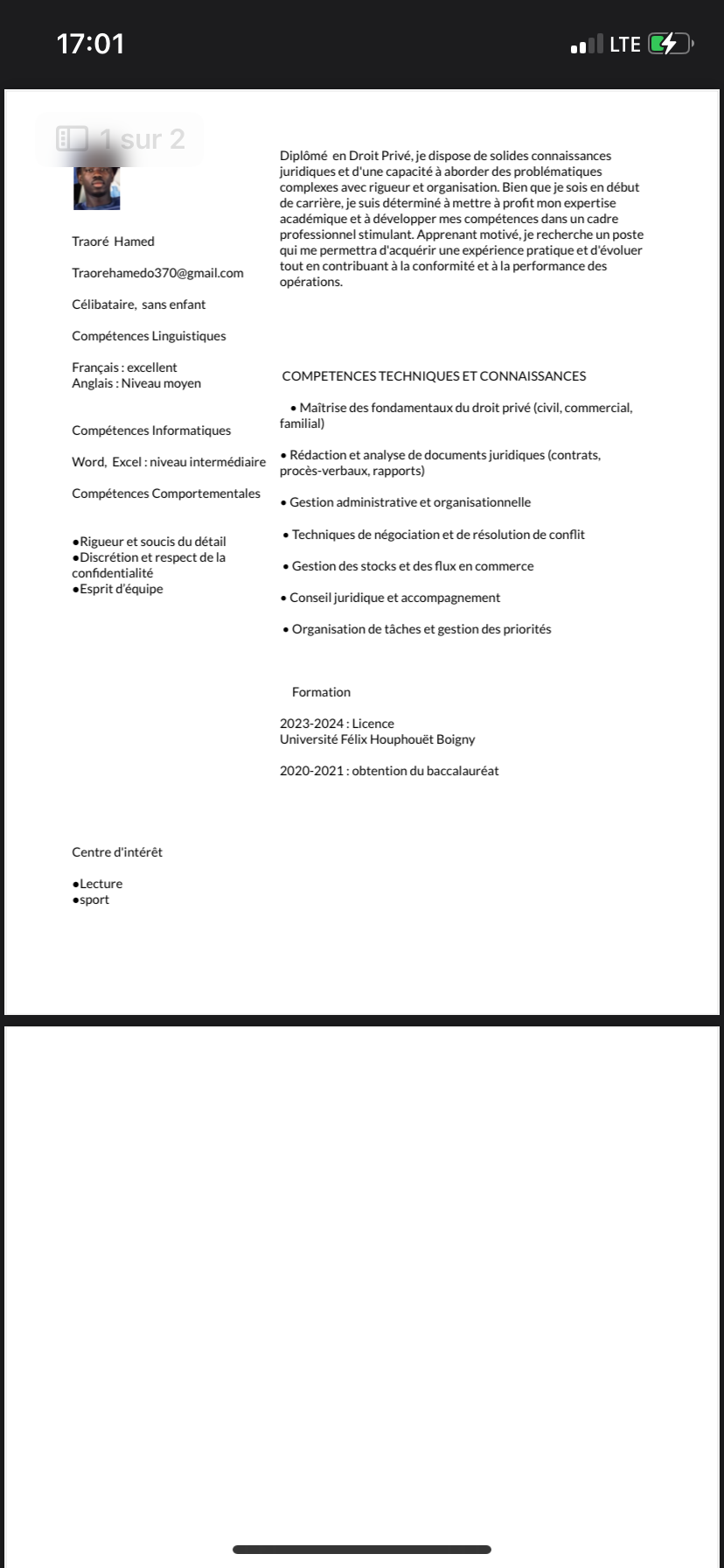 Profil candidat Traore Hamed - Tout type