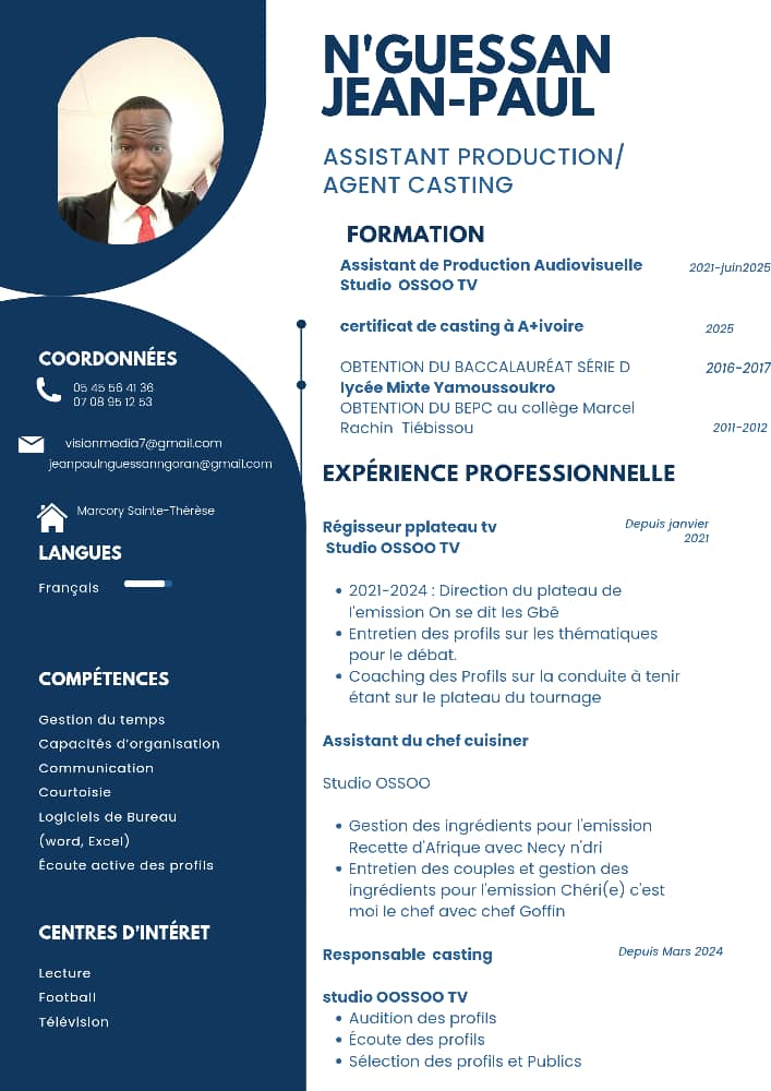 Profil candidat N'GUESSAN Jean-Paul - Responsable casting/Assistant de production