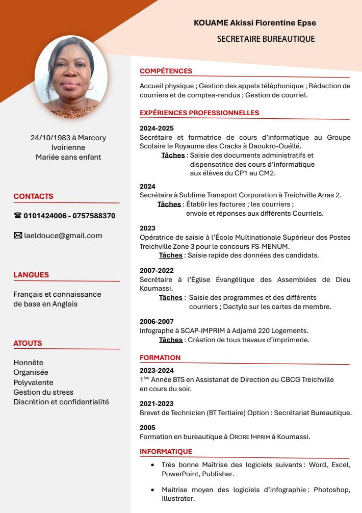 Profil candidat Kouamé Florentine - Opératrice de saisie / Secrétaire