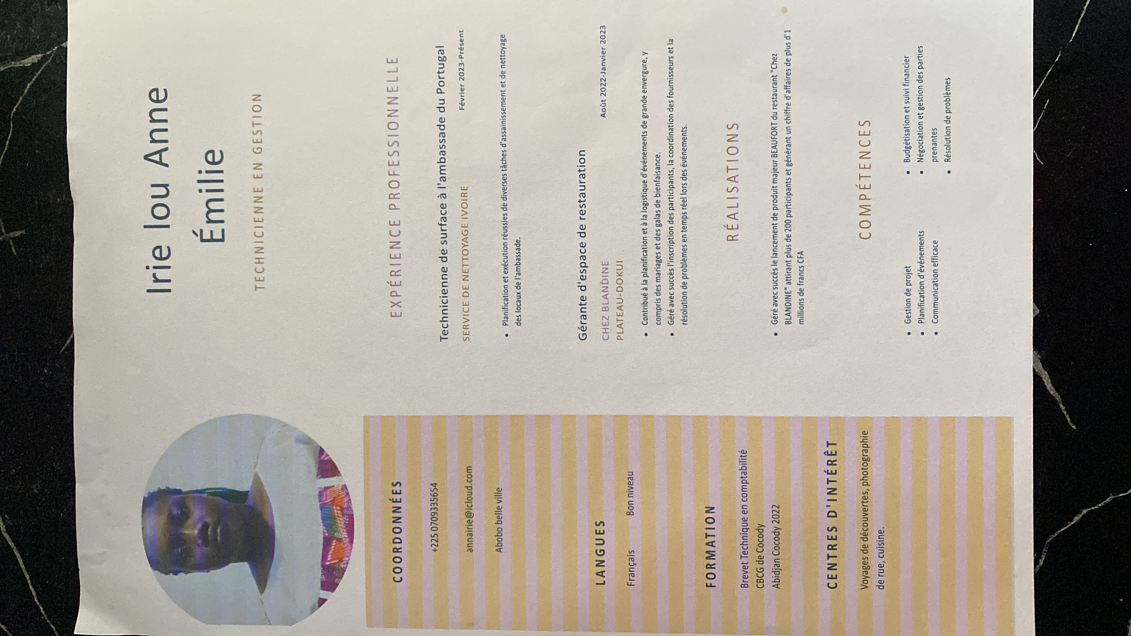 Profil candidat Irie lou Anne Emilie - Entretien de bureau ou serveuse de restaurant