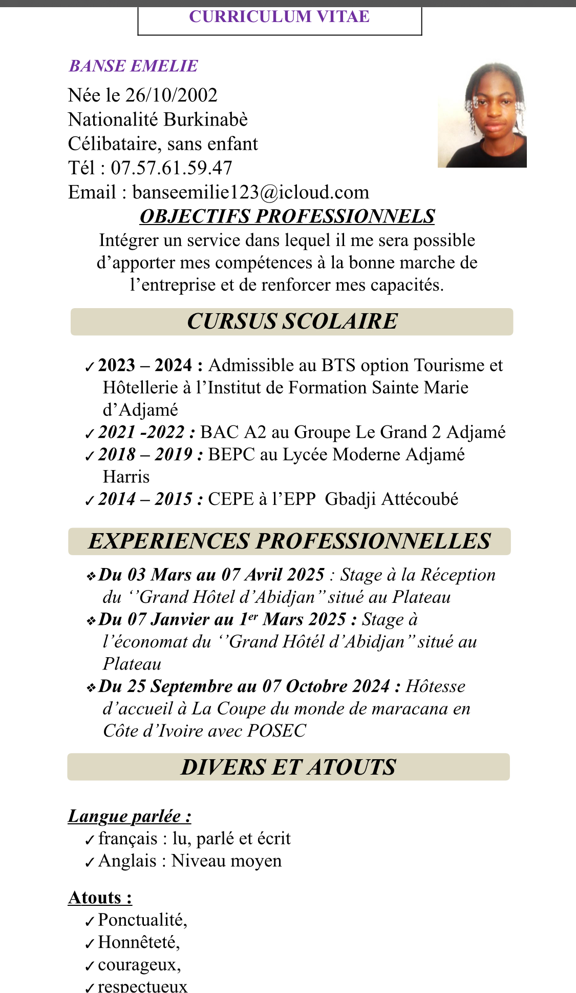 Profil candidat Banse Emelie - Hôtelière ,réceptionniste, gestionnaire de stock