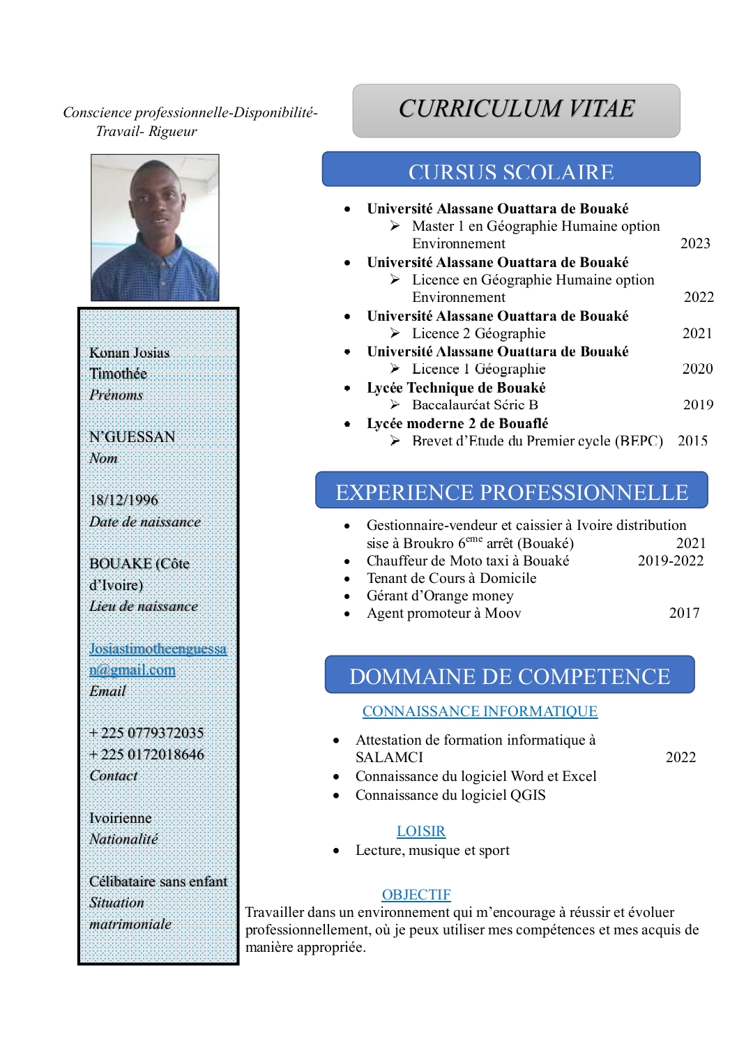 Profil candidat N'GUESSAN KONAN JOSIAS TIMOTHÉE - Agent