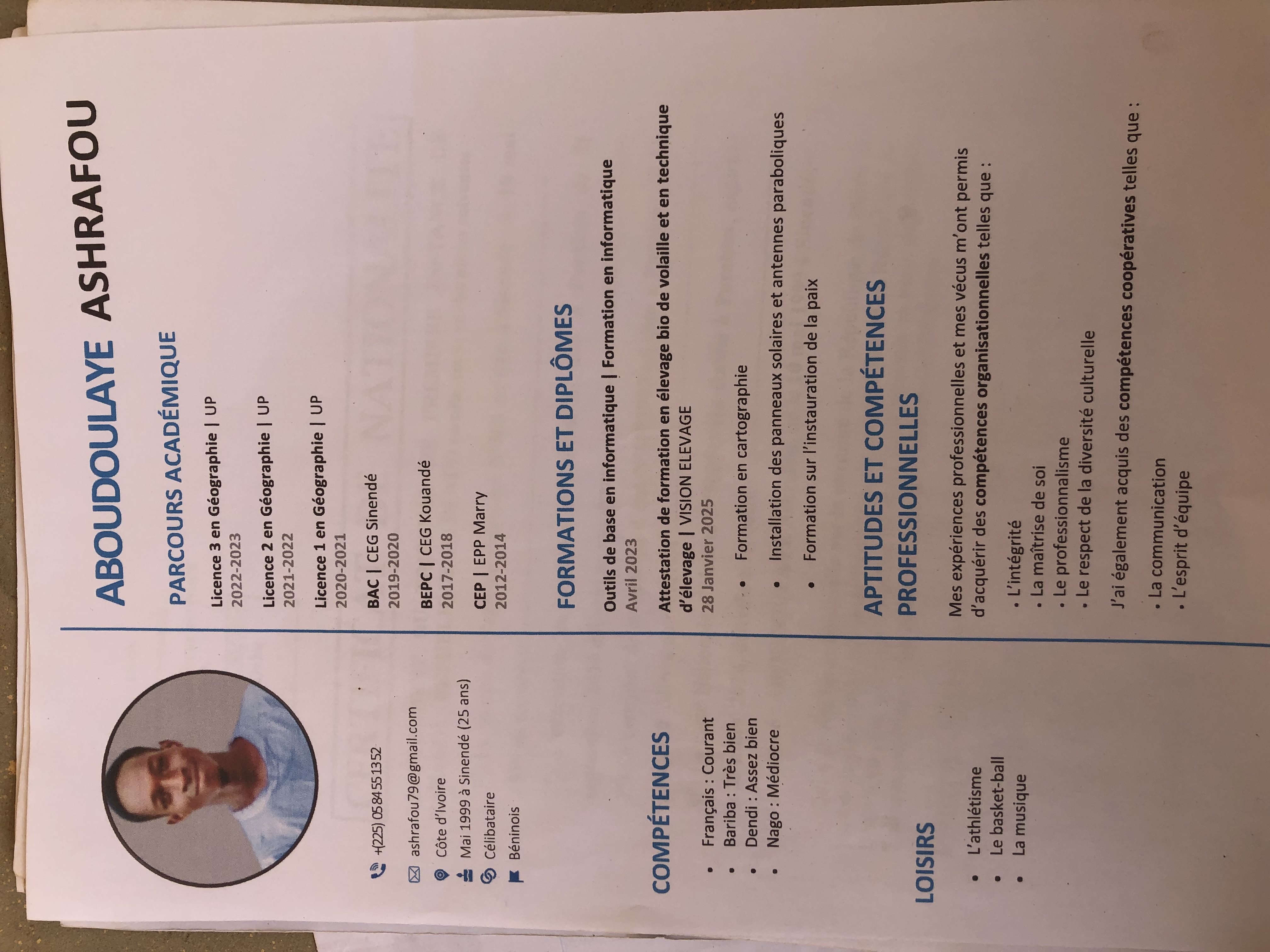 Profil candidat Aboudoulaye Ashrafou - Gérant de magasin