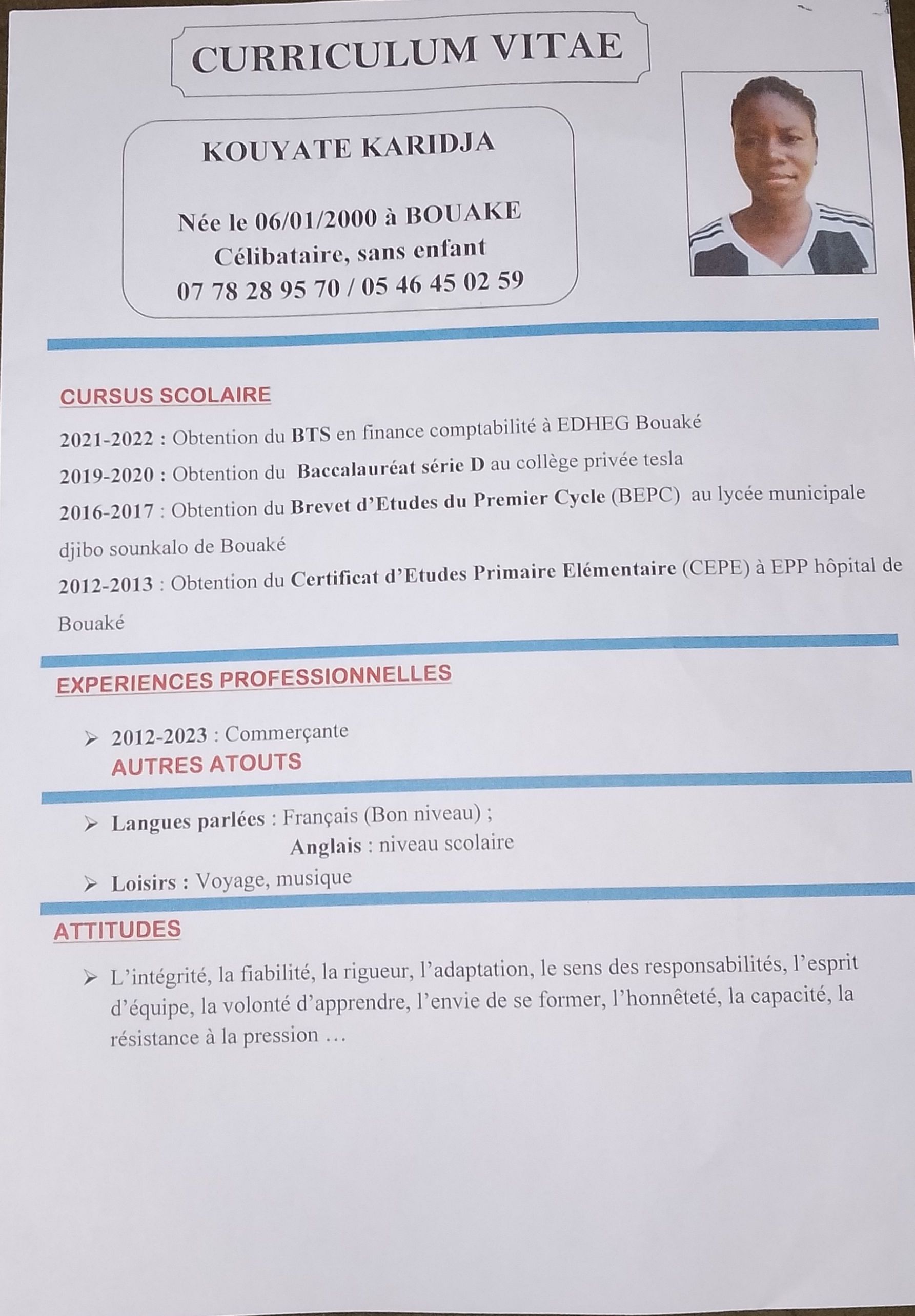 Profil candidat KOUYATE KARIDJA - N'importe