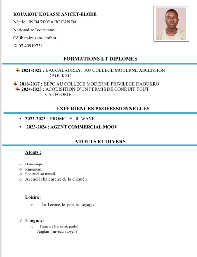 Profil candidat Kouakou Kouassi Anicet elode - Ponpiste