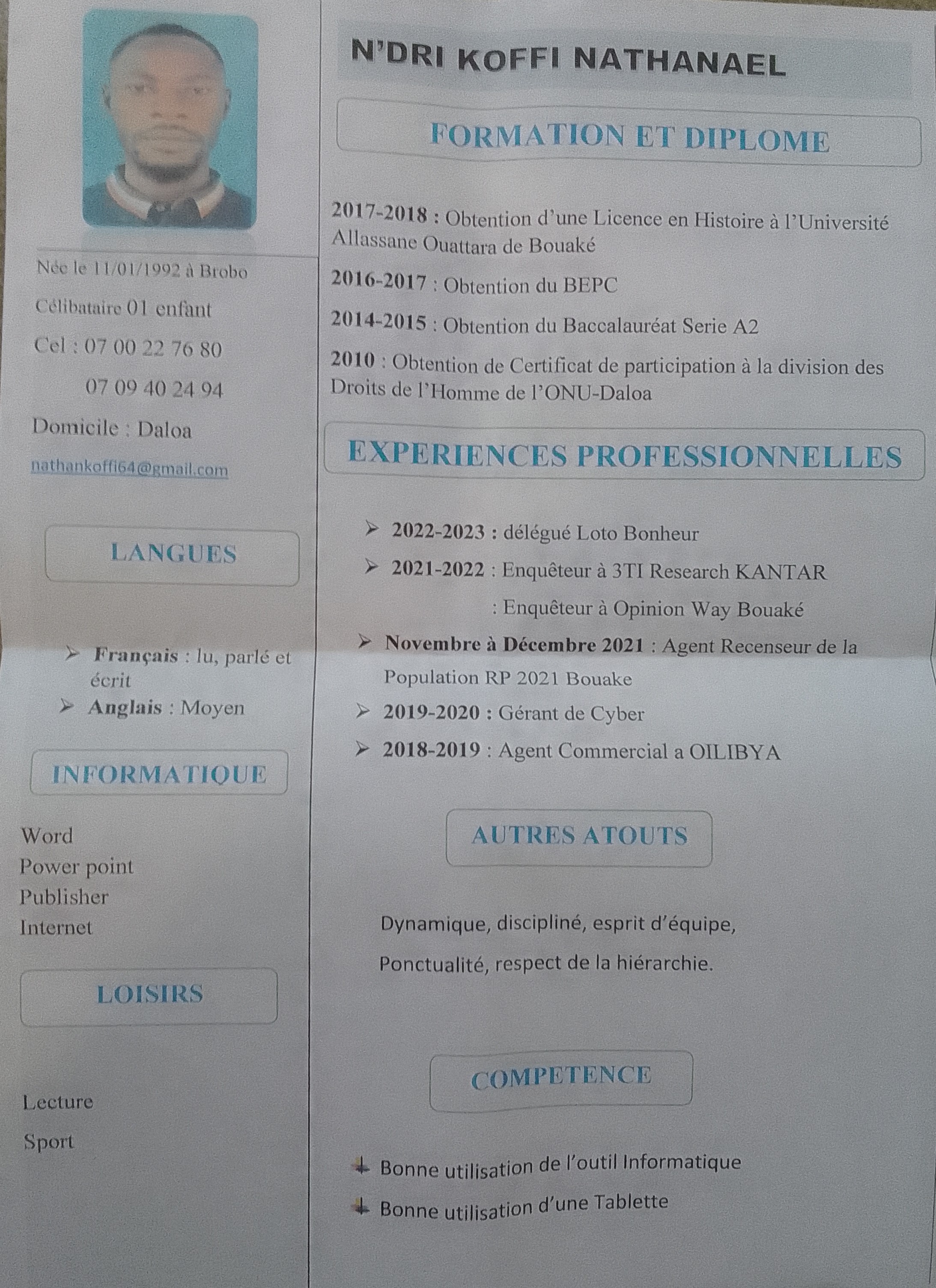 Profil candidat Ndri Koffi Nathanael - 
