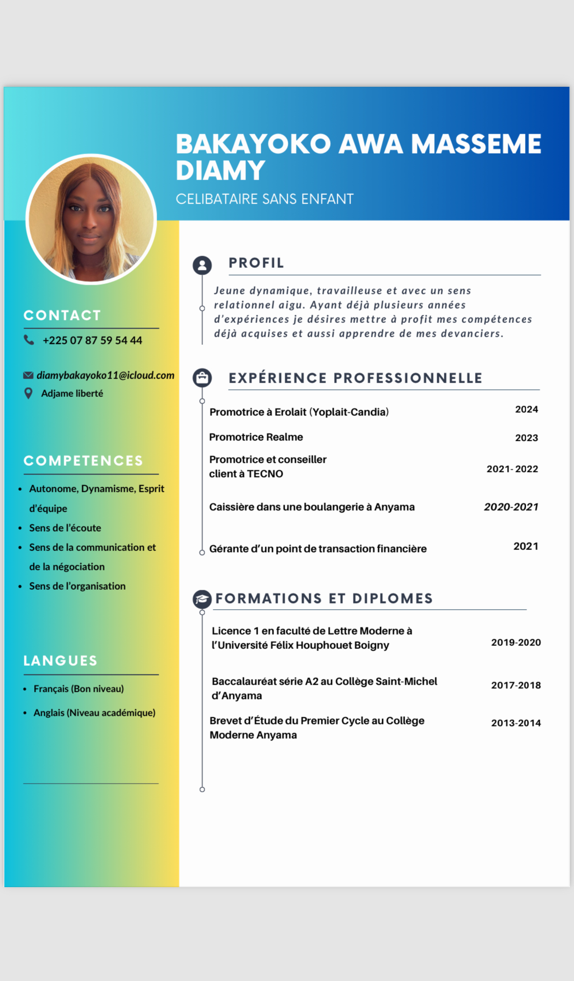 Profil candidat Bakayoko Diamy - Vente / promotrice /conseiller client ou secrétaire