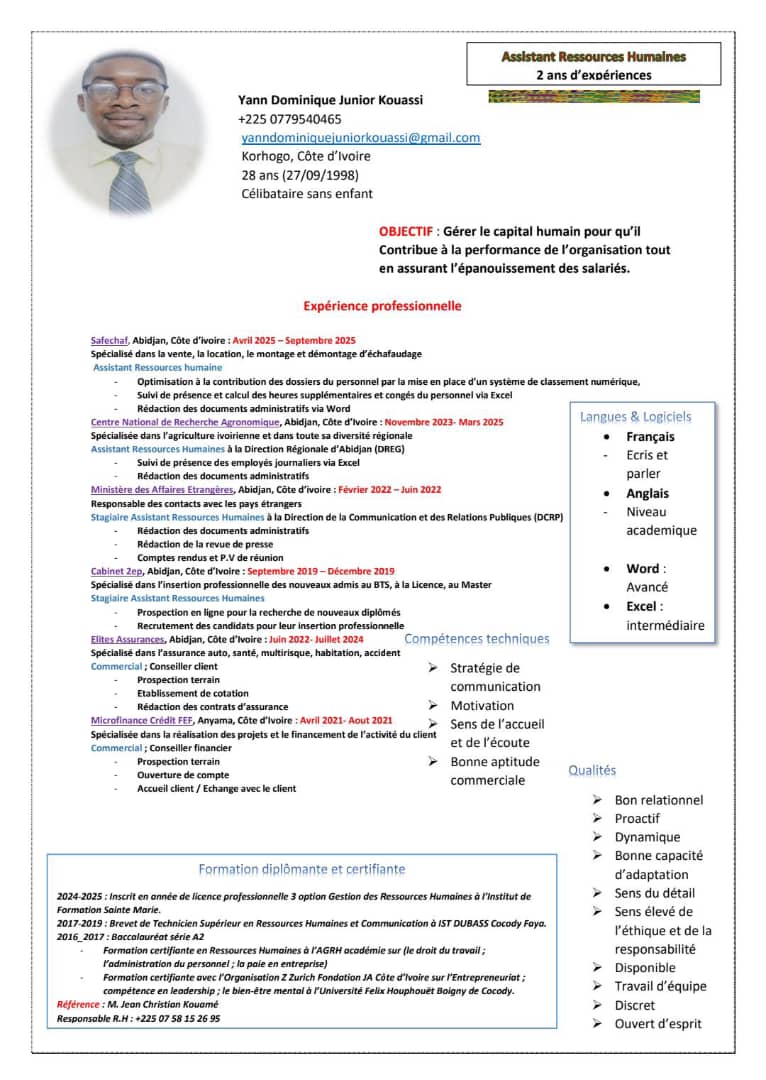 Profil candidat Kouassi Yann Dominique junior - Assistant RH