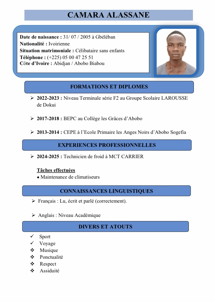 Profil candidat Camara Alassane - Froid et climatisation
