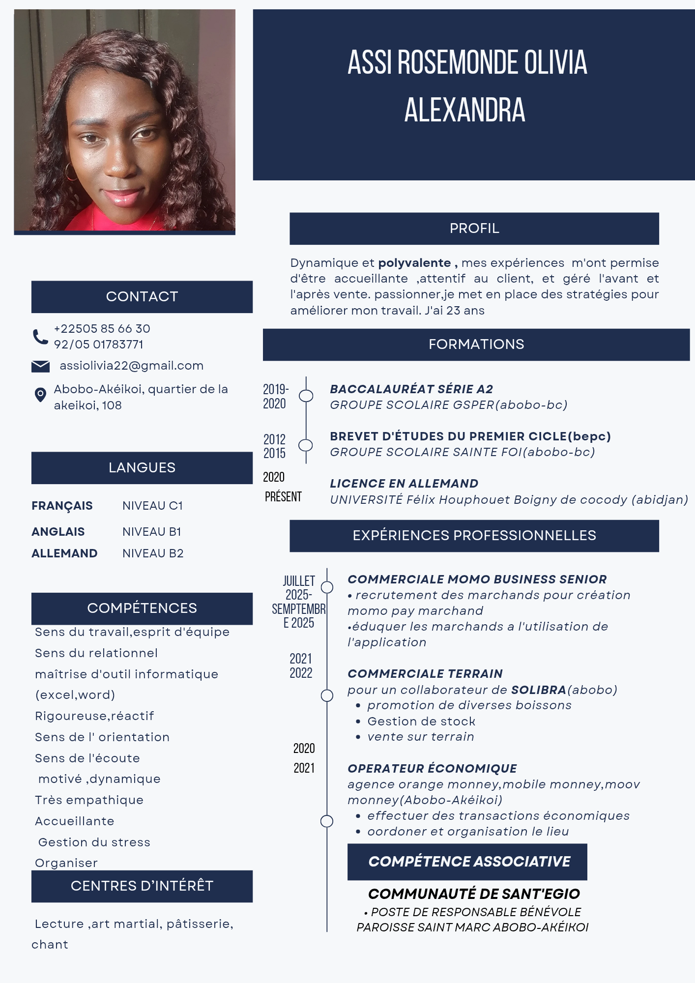 Profil candidat ASSI ROSEMONDE OLIVIA ALEXANDRA - GERANTE,ARGENT D'ACCUEIL, SERVEUSE,ARGENT D'HYGIÈNE